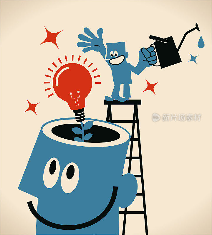 Smiling man on top of ladder watering an idea light bulb growing from giant man open head